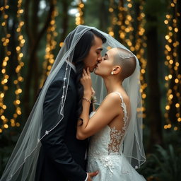 A dreamy wedding scene featuring an Italian woman with long dark wavy hair and captivating blue eyes, dressed in a stunning wedding gown