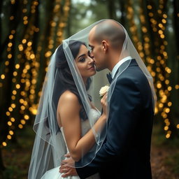 A dreamy wedding scene featuring an Italian woman with long dark wavy hair and captivating blue eyes, dressed in a stunning wedding gown