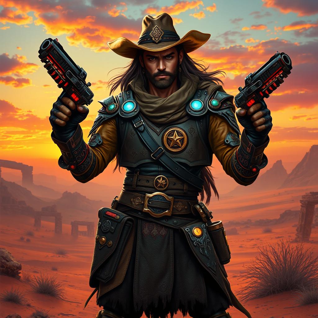 A high-fantasy gunslinger character, dressed in intricate leather armor adorned with mystical symbols, wielding ornate, futuristic pistols with glowing energy cores