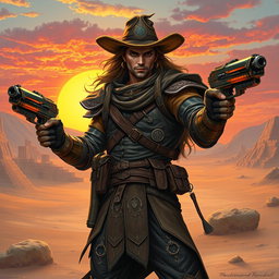 A high-fantasy gunslinger character, dressed in intricate leather armor adorned with mystical symbols, wielding ornate, futuristic pistols with glowing energy cores
