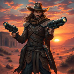 A high-fantasy gunslinger character, dressed in intricate leather armor adorned with mystical symbols, wielding ornate, futuristic pistols with glowing energy cores
