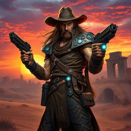A high-fantasy gunslinger character, dressed in intricate leather armor adorned with mystical symbols, wielding ornate, futuristic pistols with glowing energy cores
