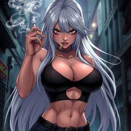 An aggressive and fierce anime girl with long white hair, wearing a stylish crop top that dramatically showcases her very large and voluptuous chest