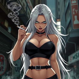 An aggressive and fierce anime girl with long white hair, wearing a stylish crop top that dramatically showcases her very large and voluptuous chest