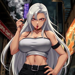 An aggressive and fierce anime girl with long white hair, wearing a stylish crop top that dramatically showcases her very large and voluptuous chest