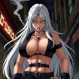 An aggressive and fierce anime girl with long white hair, wearing a stylish crop top that dramatically showcases her very large and voluptuous chest