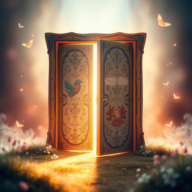 An imaginative book cover design featuring a door that is ingeniously styled to resemble an open book