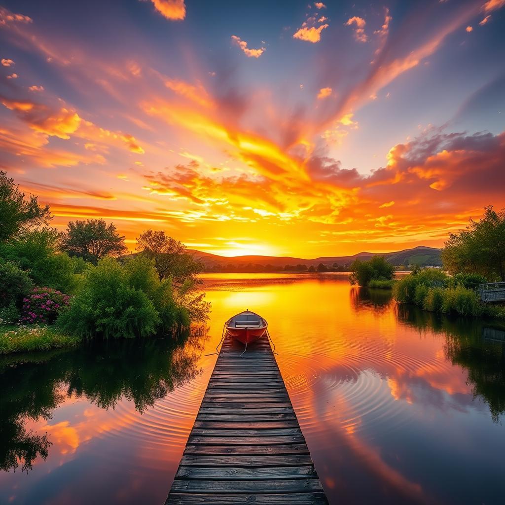A serene landscape at sunset, featuring a golden sky with vibrant orange and purple hues