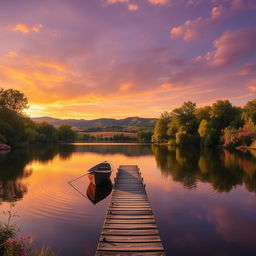 A serene landscape at sunset, featuring a golden sky with vibrant orange and purple hues