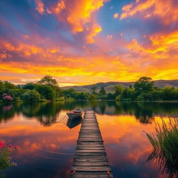 A serene landscape at sunset, featuring a golden sky with vibrant orange and purple hues