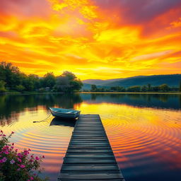 A serene landscape at sunset, featuring a golden sky with vibrant orange and purple hues
