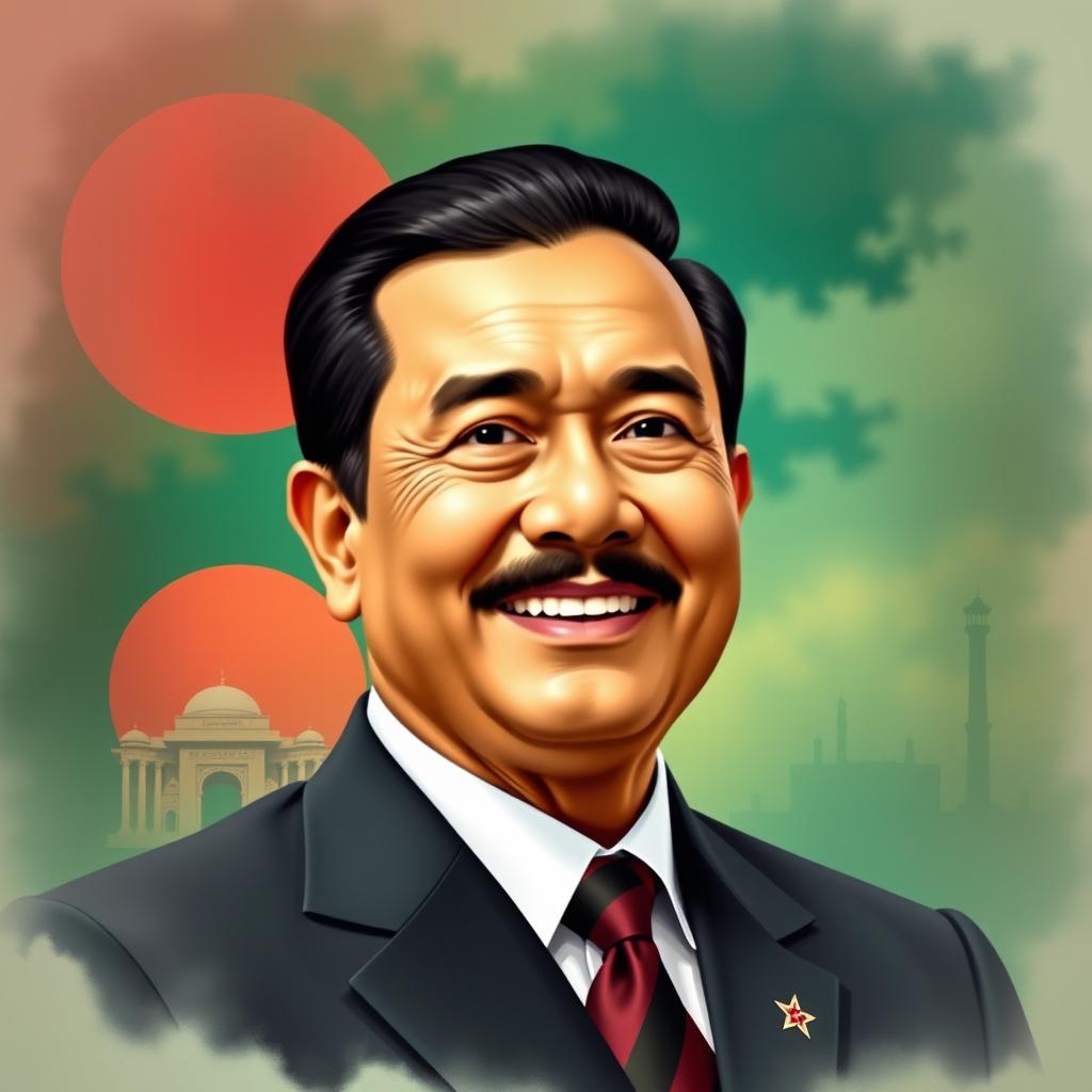 A powerful portrait of Ziaur Rahman, the former President of Bangladesh, showcasing his distinguished features with a charismatic smile