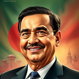 A powerful portrait of Ziaur Rahman, the former President of Bangladesh, showcasing his distinguished features with a charismatic smile