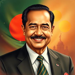 A powerful portrait of Ziaur Rahman, the former President of Bangladesh, showcasing his distinguished features with a charismatic smile