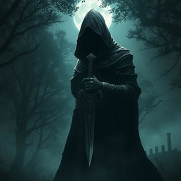 A dark fantasy assassin cloaked in shadow, standing in a mysterious forest, with an intricately designed dagger in hand, exuding an aura of stealth and danger