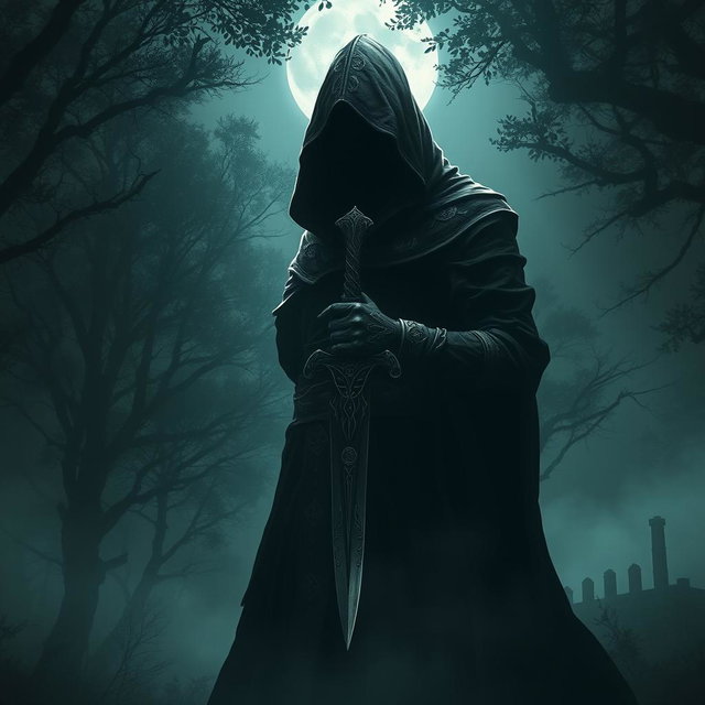 A dark fantasy assassin cloaked in shadow, standing in a mysterious forest, with an intricately designed dagger in hand, exuding an aura of stealth and danger