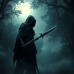 A dark fantasy assassin cloaked in shadow, standing in a mysterious forest, with an intricately designed dagger in hand, exuding an aura of stealth and danger