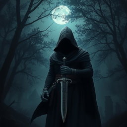 A dark fantasy assassin cloaked in shadow, standing in a mysterious forest, with an intricately designed dagger in hand, exuding an aura of stealth and danger