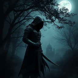 A dark fantasy assassin cloaked in shadow, standing in a mysterious forest, with an intricately designed dagger in hand, exuding an aura of stealth and danger