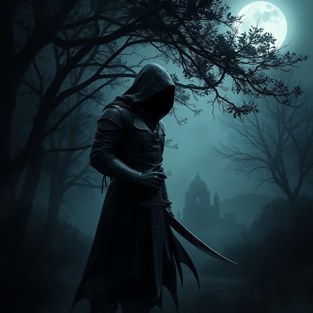 A dark fantasy assassin cloaked in shadow, standing in a mysterious forest, with an intricately designed dagger in hand, exuding an aura of stealth and danger