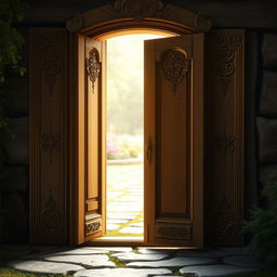 A hyper-realistic depiction of a door styled as an open book, with exquisitely detailed wooden textures and intricate carvings on the door surface