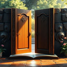A hyper-realistic depiction of a door styled as an open book, with exquisitely detailed wooden textures and intricate carvings on the door surface