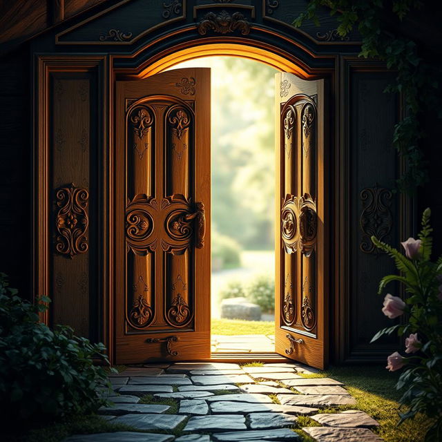 A hyper-realistic depiction of a door styled as an open book, with exquisitely detailed wooden textures and intricate carvings on the door surface