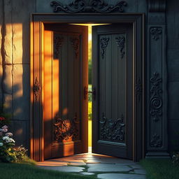 A hyper-realistic depiction of a door styled as an open book, with exquisitely detailed wooden textures and intricate carvings on the door surface