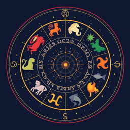 A beautifully illustrated zodiac wheel featuring all twelve astrological signs: Aries, Taurus, Gemini, Cancer, Leo, Virgo, Libra, Scorpio, Sagittarius, Capricorn, Aquarius, and Pisces