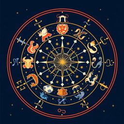 A beautifully illustrated zodiac wheel featuring all twelve astrological signs: Aries, Taurus, Gemini, Cancer, Leo, Virgo, Libra, Scorpio, Sagittarius, Capricorn, Aquarius, and Pisces