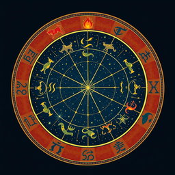 A beautifully illustrated zodiac wheel featuring all twelve astrological signs: Aries, Taurus, Gemini, Cancer, Leo, Virgo, Libra, Scorpio, Sagittarius, Capricorn, Aquarius, and Pisces