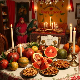 A cozy and festive Yalda night scene featuring a beautifully decorated table adorned with traditional Persian fruits like pomegranates and watermelons, along with an array of delicious sweets and nuts
