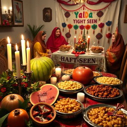 A cozy and festive Yalda night scene featuring a beautifully decorated table adorned with traditional Persian fruits like pomegranates and watermelons, along with an array of delicious sweets and nuts