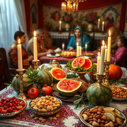 A cozy and festive Yalda night scene featuring a beautifully decorated table adorned with traditional Persian fruits like pomegranates and watermelons, along with an array of delicious sweets and nuts