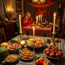 A cozy and festive Yalda night scene featuring a beautifully decorated table adorned with traditional Persian fruits like pomegranates and watermelons, along with an array of delicious sweets and nuts