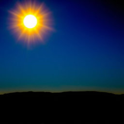 A vivid scene featuring a radiant sun shining brightly in a clear blue sky, illuminating the landscape with intense yellow and gold hues