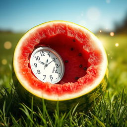 A creative concept featuring a clock nestled inside a bright and juicy watermelon