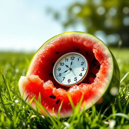 A creative concept featuring a clock nestled inside a bright and juicy watermelon