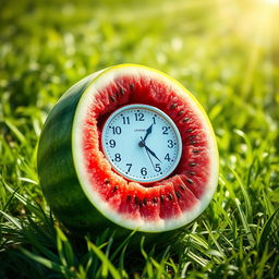 A creative concept featuring a clock nestled inside a bright and juicy watermelon