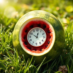 A creative concept featuring a clock nestled inside a bright and juicy watermelon