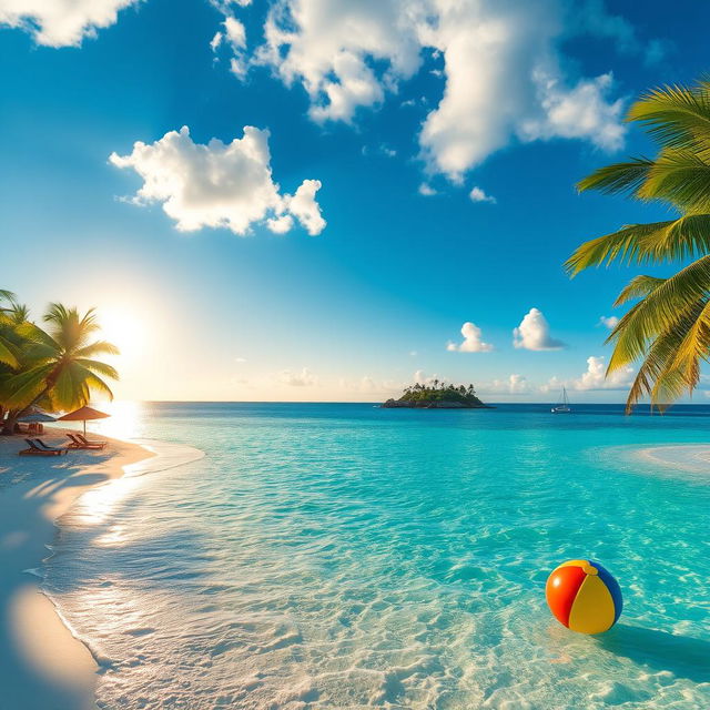 A stunning tropical paradise featuring crystal clear turquoise waters gently lapping on soft white sandy beaches, framed by lush green palm trees swaying in the gentle breeze