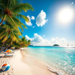 A stunning tropical paradise featuring crystal clear turquoise waters gently lapping on soft white sandy beaches, framed by lush green palm trees swaying in the gentle breeze