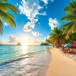 A stunning tropical paradise featuring crystal clear turquoise waters gently lapping on soft white sandy beaches, framed by lush green palm trees swaying in the gentle breeze
