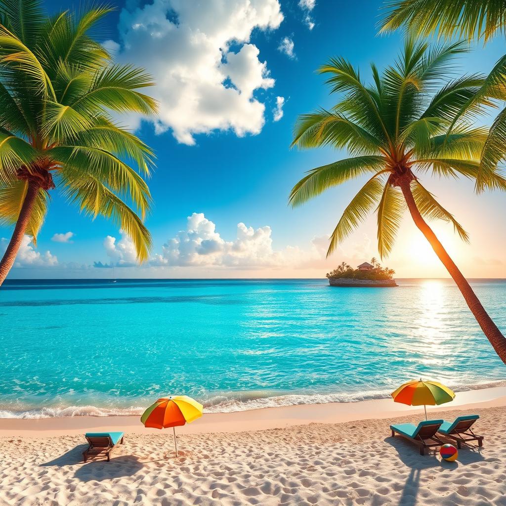 A stunning tropical paradise featuring crystal clear turquoise waters gently lapping on soft white sandy beaches, framed by lush green palm trees swaying in the gentle breeze