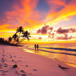 A stunning sunset over a tranquil beach, with vibrant orange, pink, and purple hues reflecting on the water