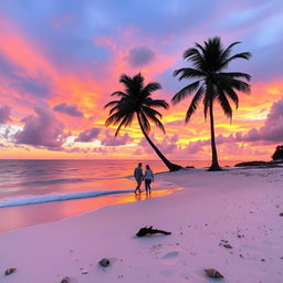 A stunning sunset over a tranquil beach, with vibrant orange, pink, and purple hues reflecting on the water
