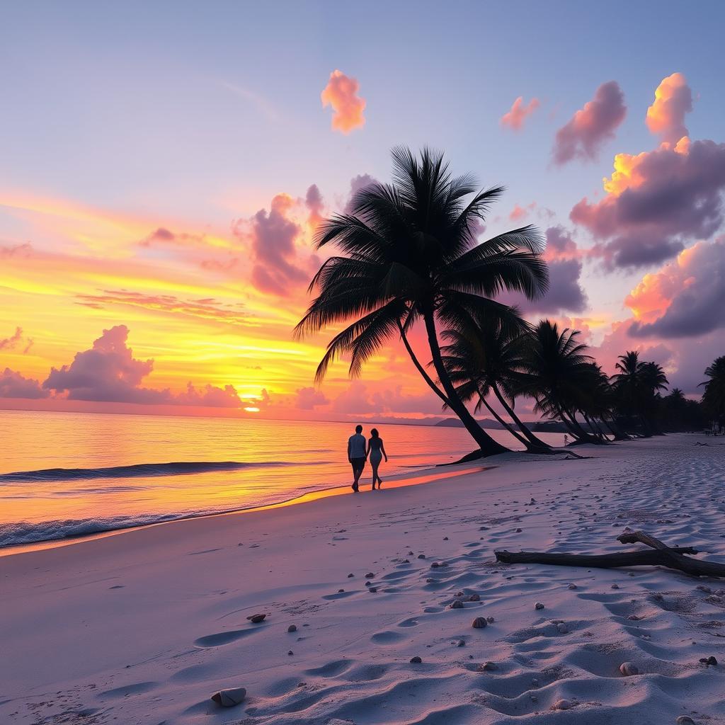 A stunning sunset over a tranquil beach, with vibrant orange, pink, and purple hues reflecting on the water