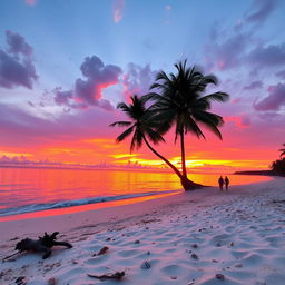 A stunning sunset over a tranquil beach, with vibrant orange, pink, and purple hues reflecting on the water