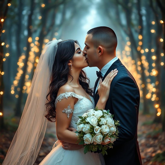 An enchanting wedding scene capturing an Italian woman with long dark wavy hair and striking blue eyes, elegantly attired in a lovely wedding gown