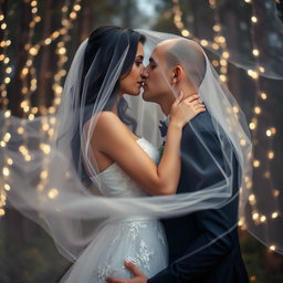 An enchanting wedding scene capturing an Italian woman with long dark wavy hair and striking blue eyes, elegantly attired in a lovely wedding gown